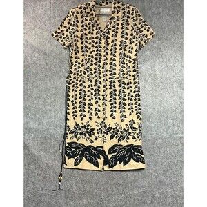 Vintage Dress Womens 12 Beige Floral Linen Blend Button Front Midi Vacation